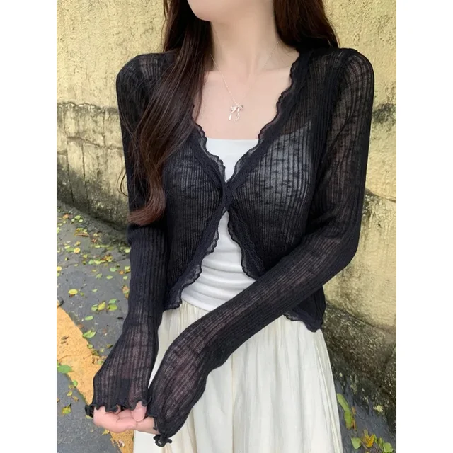 Lace Trim One Button Long Sleeve Crop Top Women Short Sleeve Open Front Ribbed Knit Cardigan Sweater Summer Fairycore Outfit 3