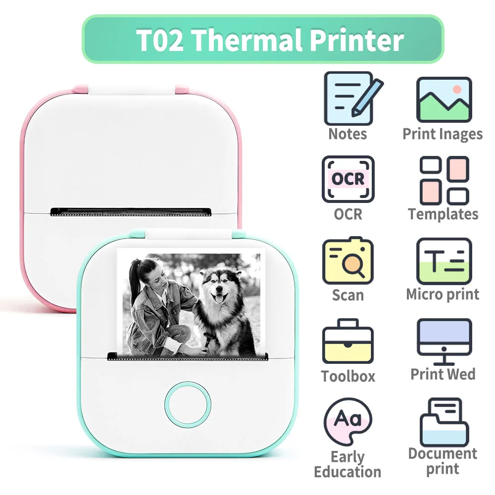 T02 Mini Printer Receipt Printers, Portable Pocket Sticker Printer, Mini  Printer Sticker Maker, Bluetooth Mobile Thermal Printer for Journal, Notes
