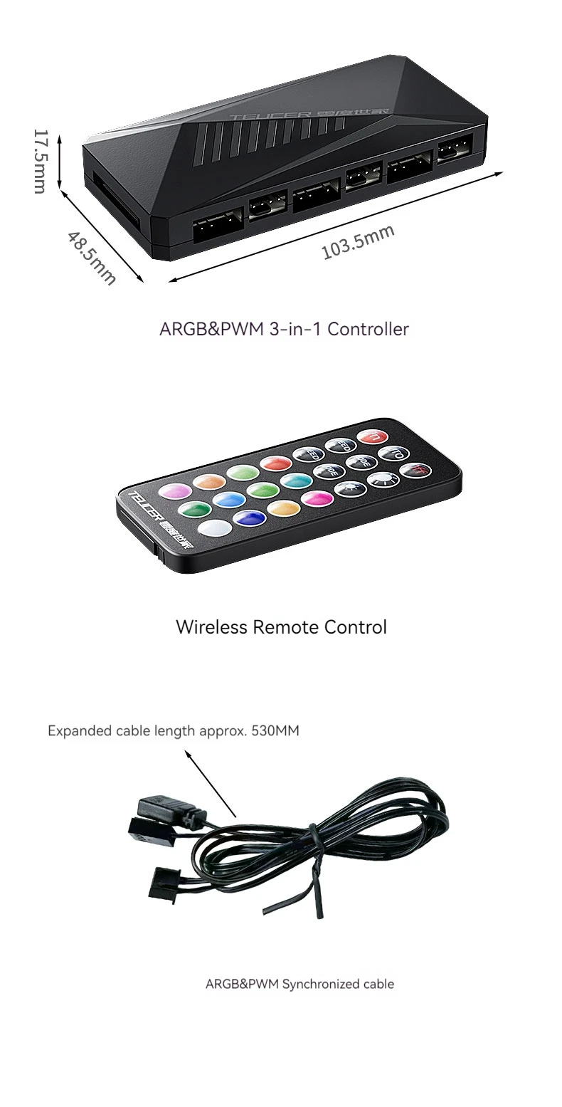 TEUCER LP-6P ARGB PWM HUB 3 IN 1 Controller 6 Way Splitter 4Pin PWM PC Case Cool