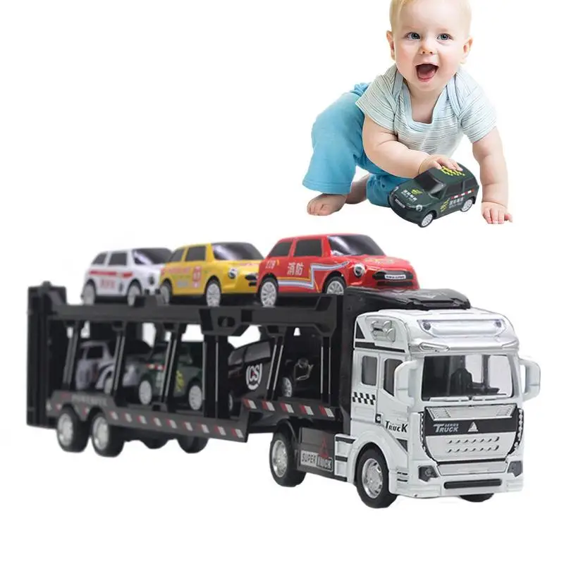 Pull Back Vehicle Toys 6 Cars Metal Detachable Double-Deck Transporter Toys Impact Resistant Toy With No Battery Vehicle Toys