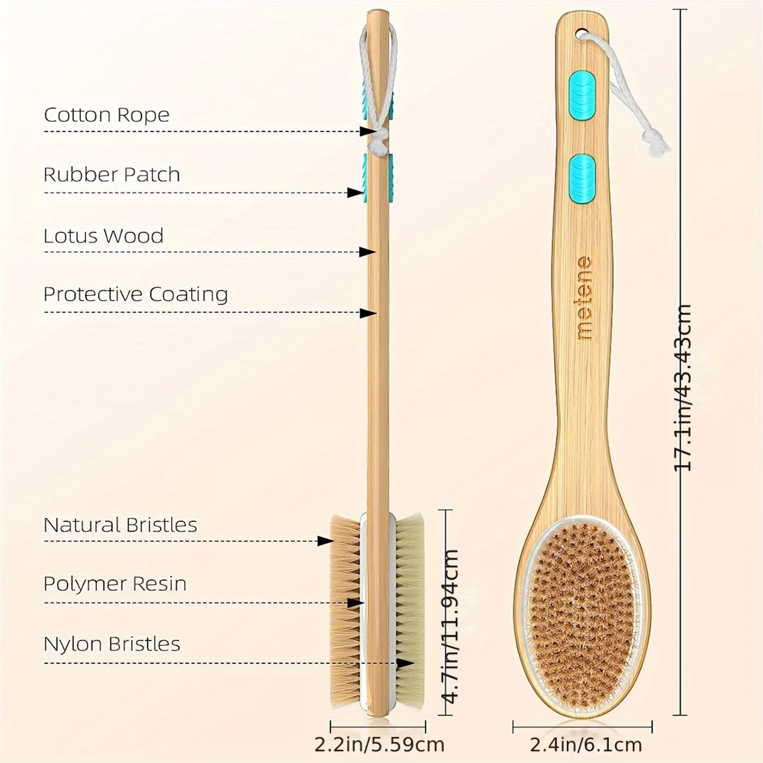 Refresh" Dual-Sided Long Handle Shower Brush-Soft & Stiff Bristles For Wet Or Dry Body Exfoliation, Nylon Fiber, Fragrance-Fre
