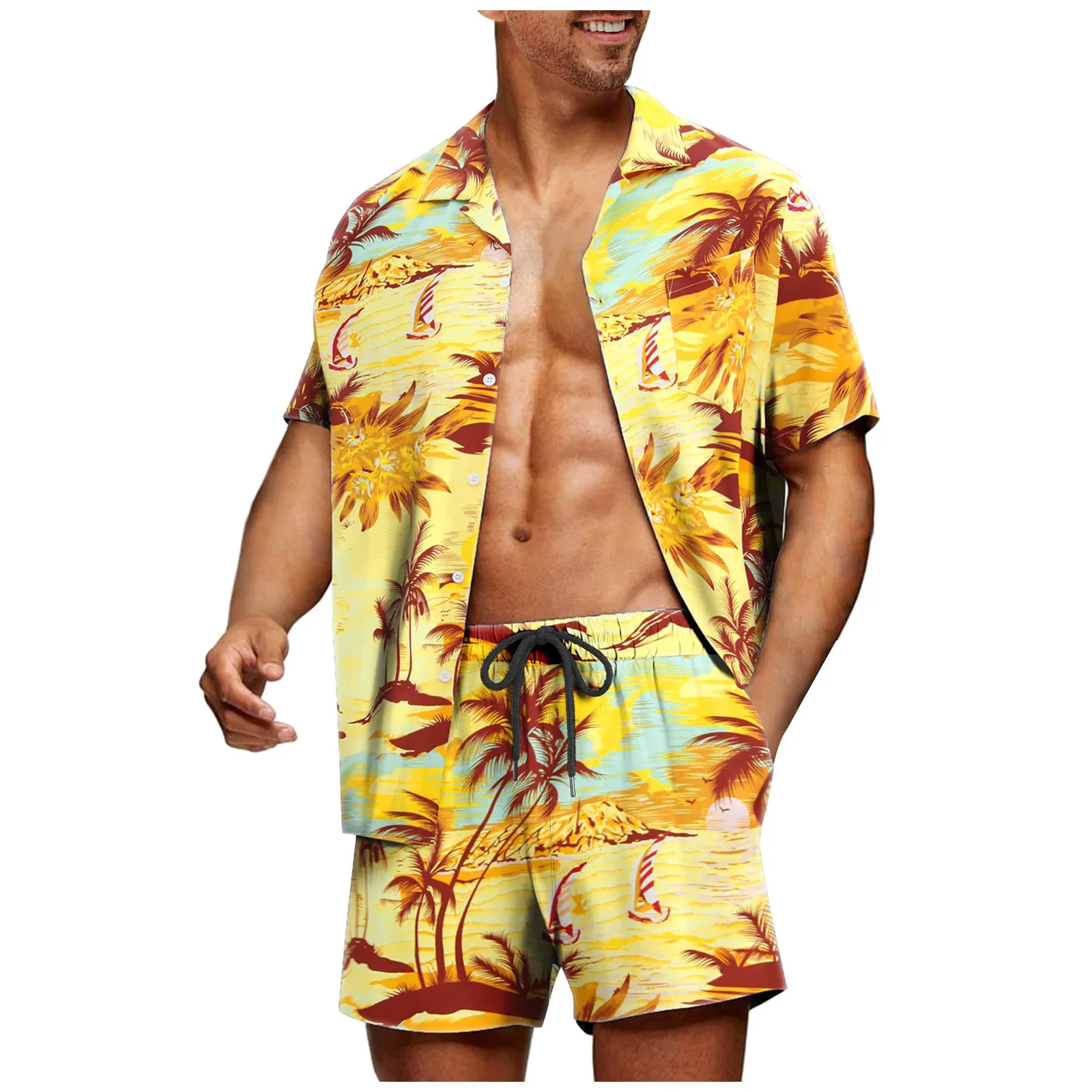 Conjuntos de camisas para hombre, estampado 3D, retazos, solapa, camisa informal de manga corta, pantalones cortos de playa de gran tamaño, ropa de calle de verano, trajes hawaianos