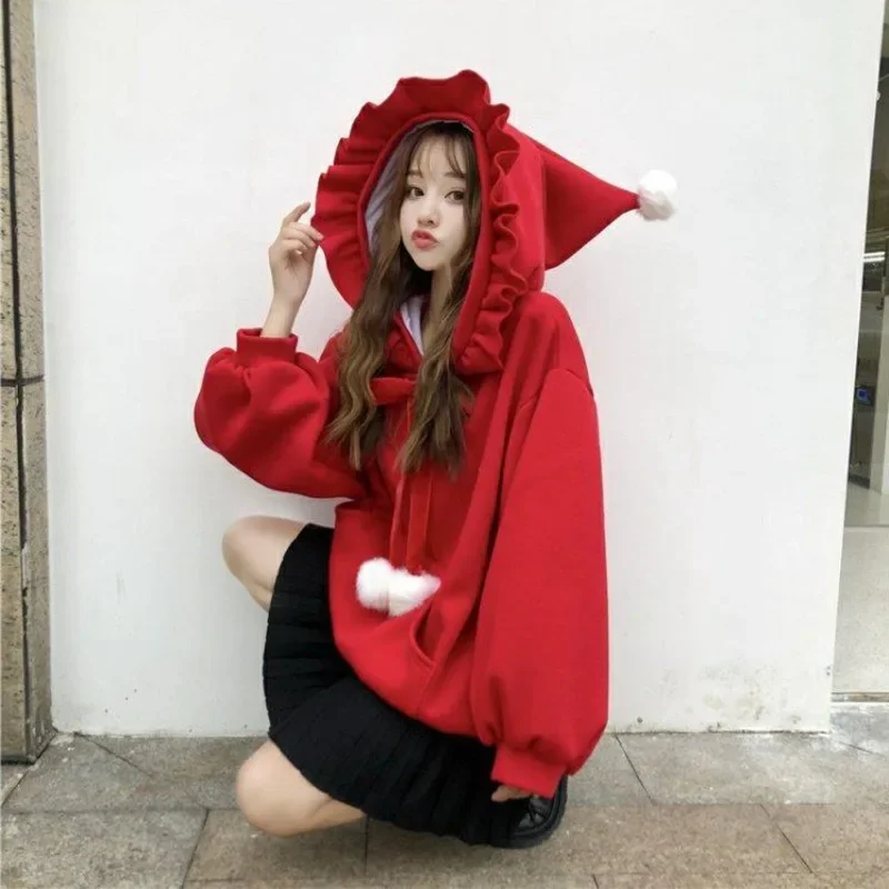 kawaii tops 2022 Women Harajuku Japanese Girl Christmas Hoodies Autumn Winter Pullover Loose Red Yellow Cute Y2k Coat Fashion