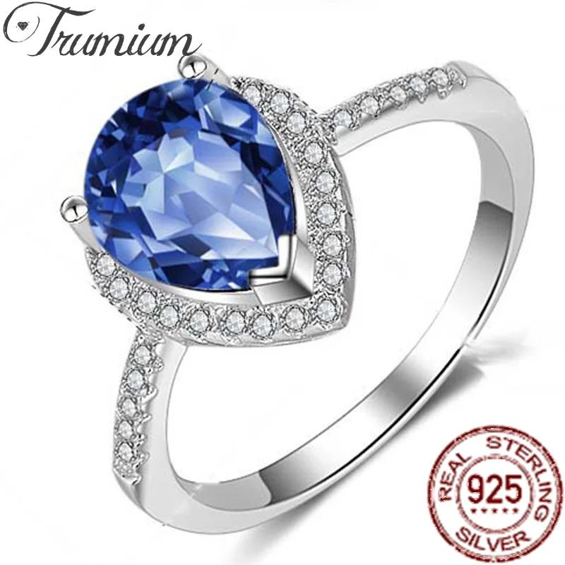 

Trumium 925 Sterling Silver Water Drop Blue Zircon rings for Women Luxury Wedding Engagement Finger Ring Brand Fine Jewelry Gift