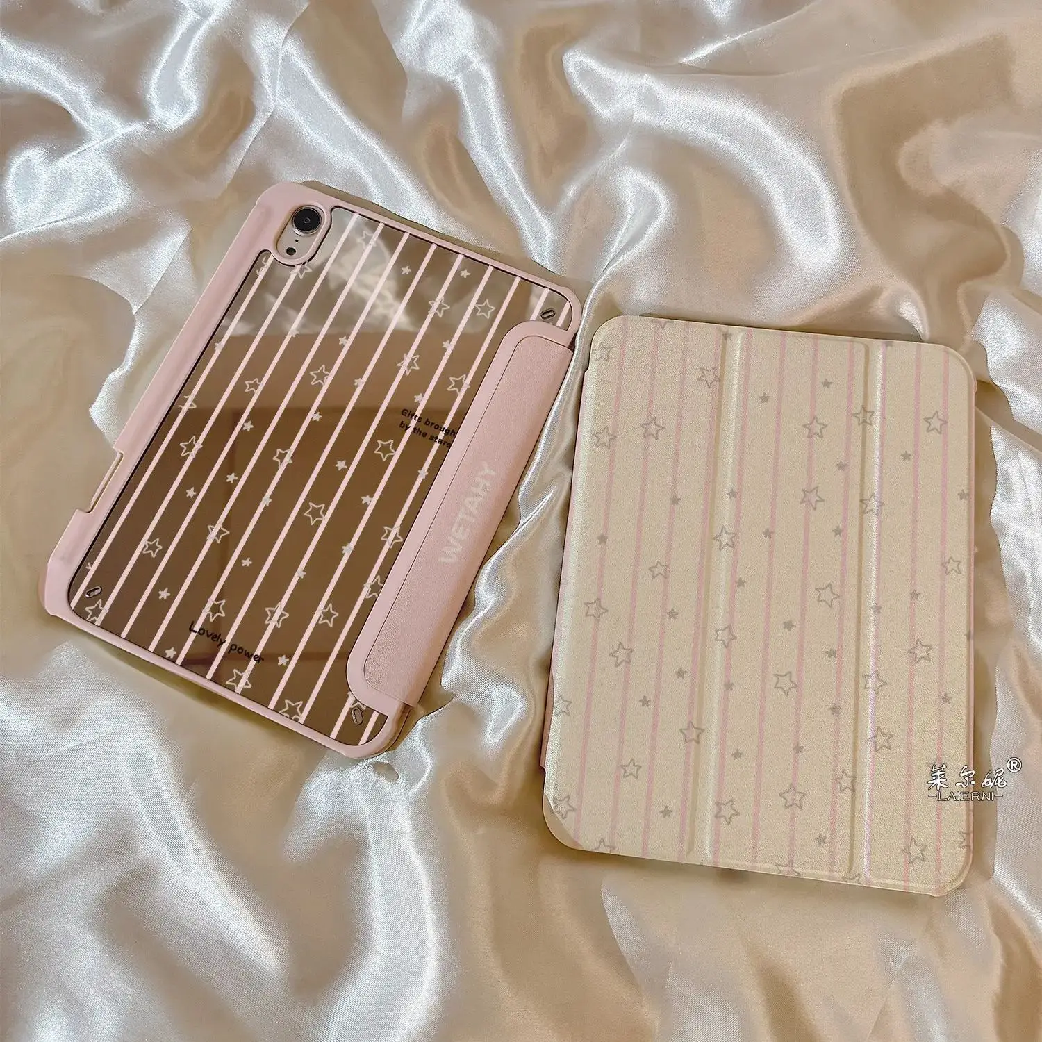 Korean Stripes & Stars Mirror Design Anti-Bend Tri-Fold Tablet Case Cover