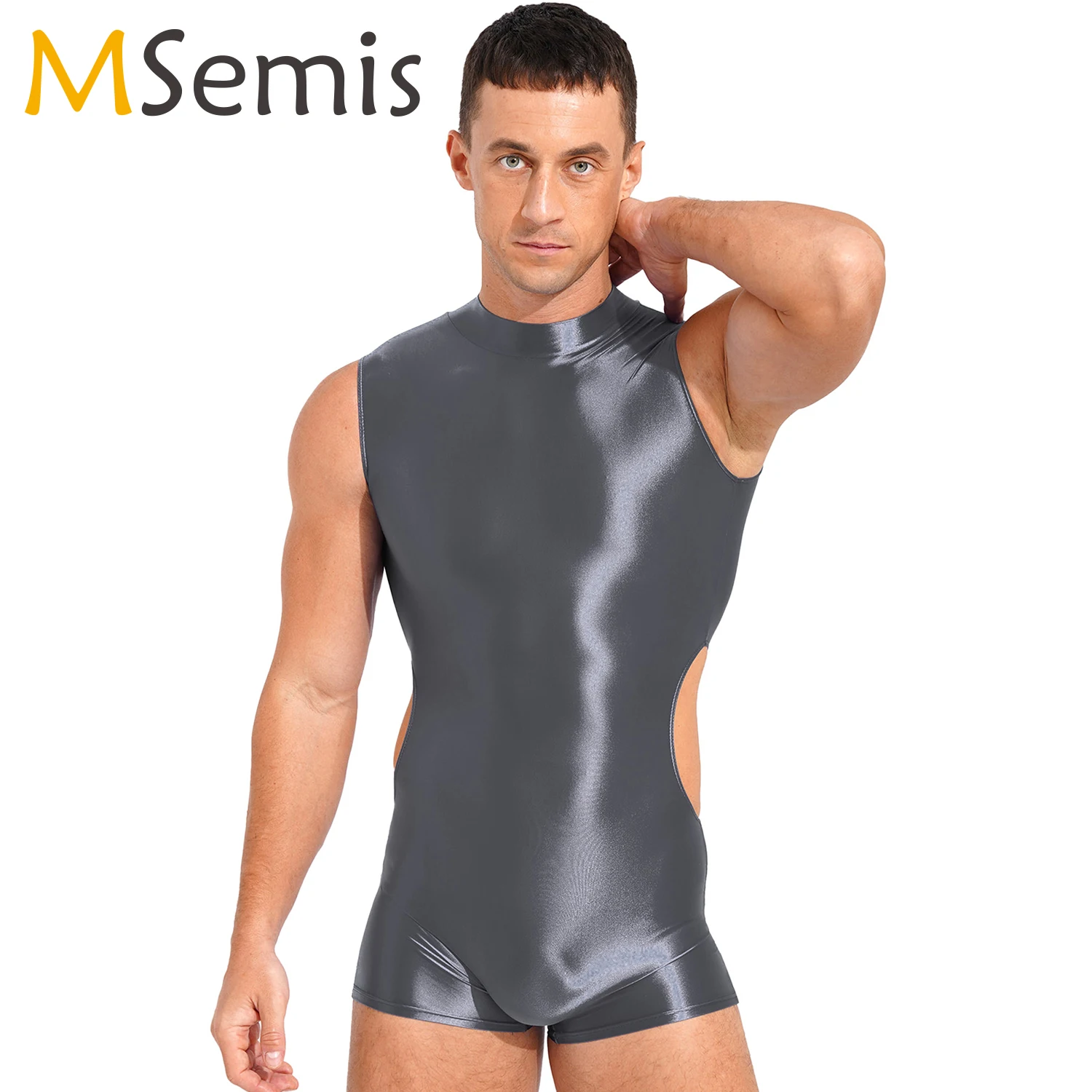 

Sexy Mens Sleeveless Cutout Playsuit Oil Shiny Glossy Shapewear Bodysuit One-piece Tights Short Jumpsuit Stretchy Swimsuit