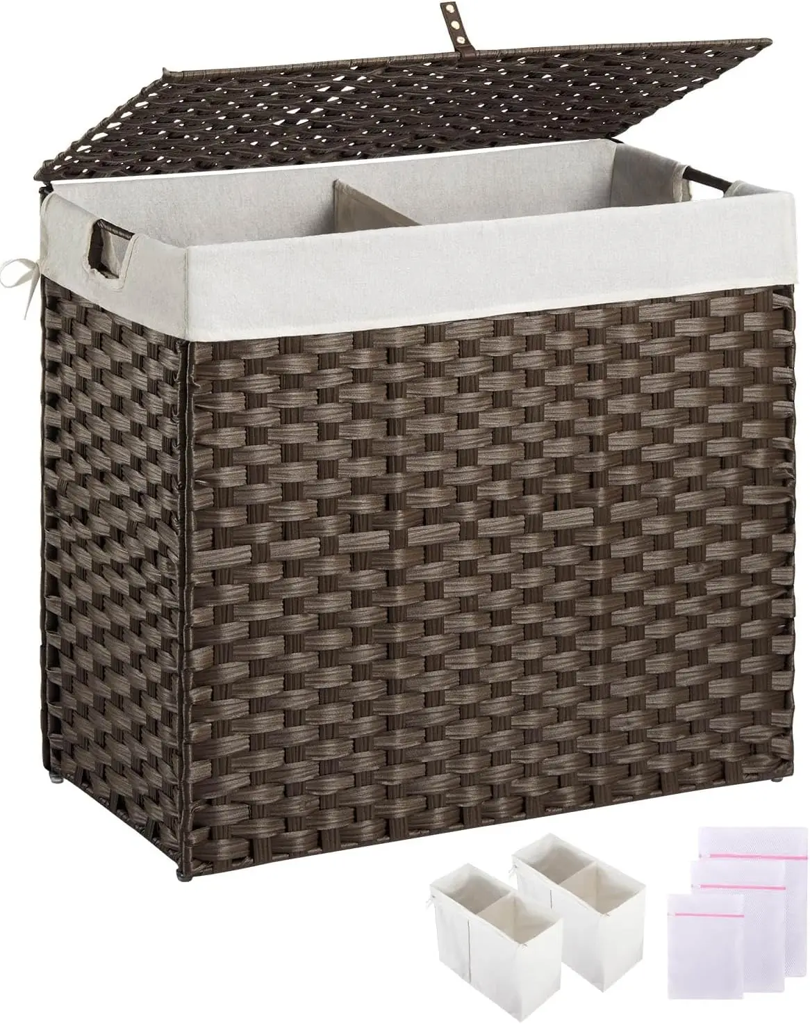 Laundry Hamper with lid 130L Wicker Laundry Baskets Foldable 2 Removable Liner Bags 2 Section Clothes Hamper No Install Needed