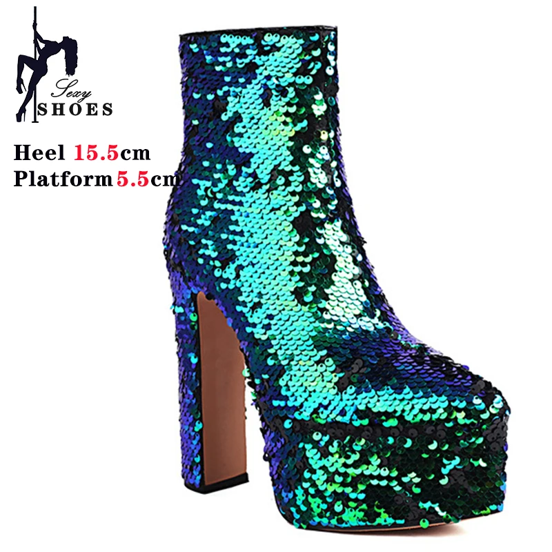 Women Silvery Sequined Ankle Boots Platform Super High Heels 2023 Winter New Pointed Party Female Shoes Bling Shiny Short Boots