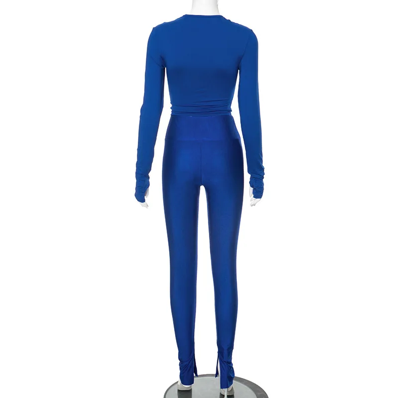 Women Solid Slim Casual 2 Piece Set O-neck Long Sleeve Short T Shirt High Waist Zipper Skinny Pants Trends Streetwear Tracksuits