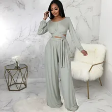 

Women Casual Wide Leg Pants Sets 2022 Spring Ladies Long Sleeves Short Tops&Long Pants Elegant O-Neck Solid Color Leisure Suit