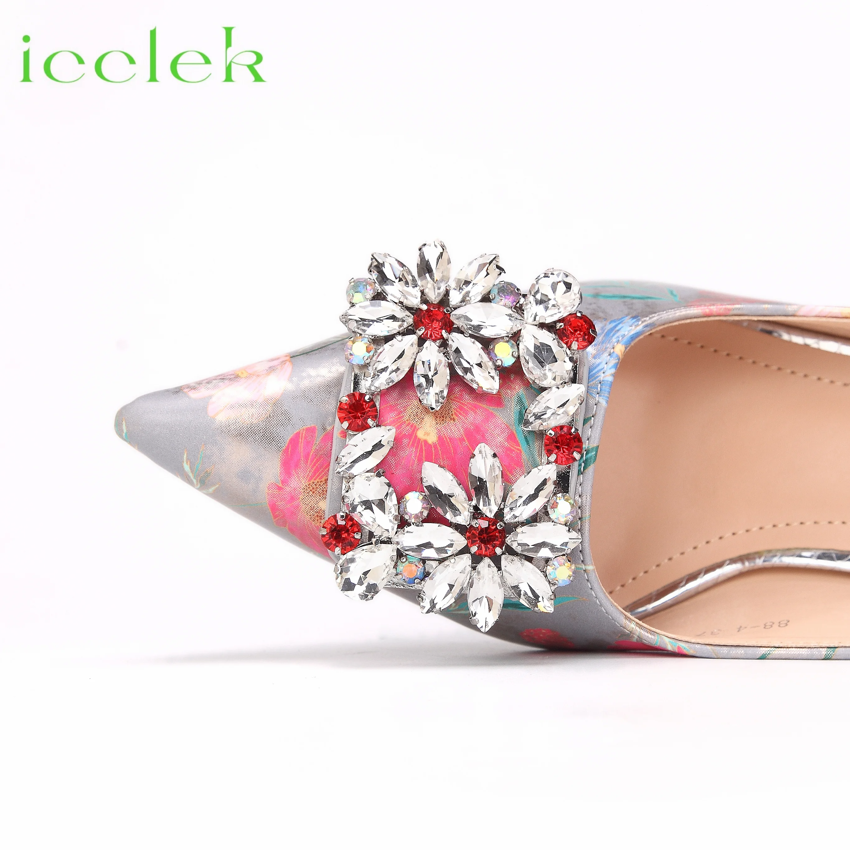 Women High Heels Sandals Printing Flower Material with Rhinestone Italian Design Coffee Color Pointed Toe Shoes and Bags Set