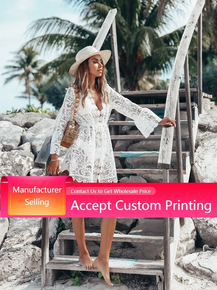 

Bikini Cover Up 2022 New Beachwear Floral Lace Crochet Swimsuit Summer Bathing Suit Sexy Hollow Cover-Ups White Beach Dress