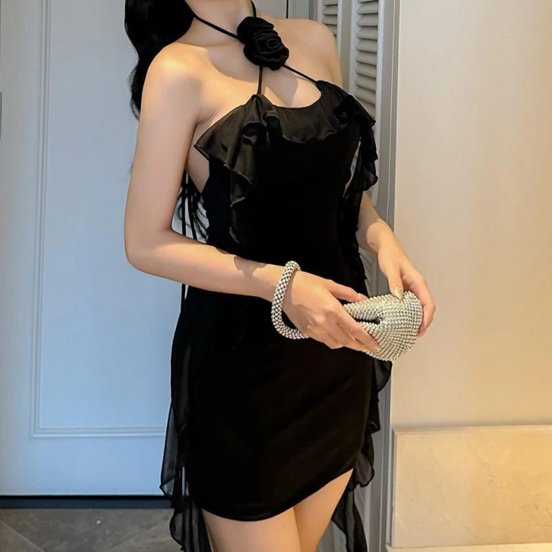 Summer Dress Women y2k Clothes Solid Color Sleeveless Backless Ruffled Tassel Mini Dress with 3D Flower Party Dresses