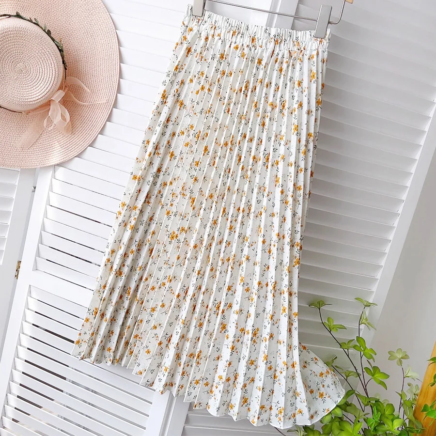 

2022 Spring Summer Floral Printed Chiffon Skirt Women Fashion Midi Long A-Line Skirt Female Elegant Pleated Skirt Lady