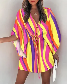 Women Print Dress Sexy V-Neck Bat Sleeve Ruffl Flowers Print Bohemian Beach Sundress Ladies Loose Summer Vacation Mini Dresses