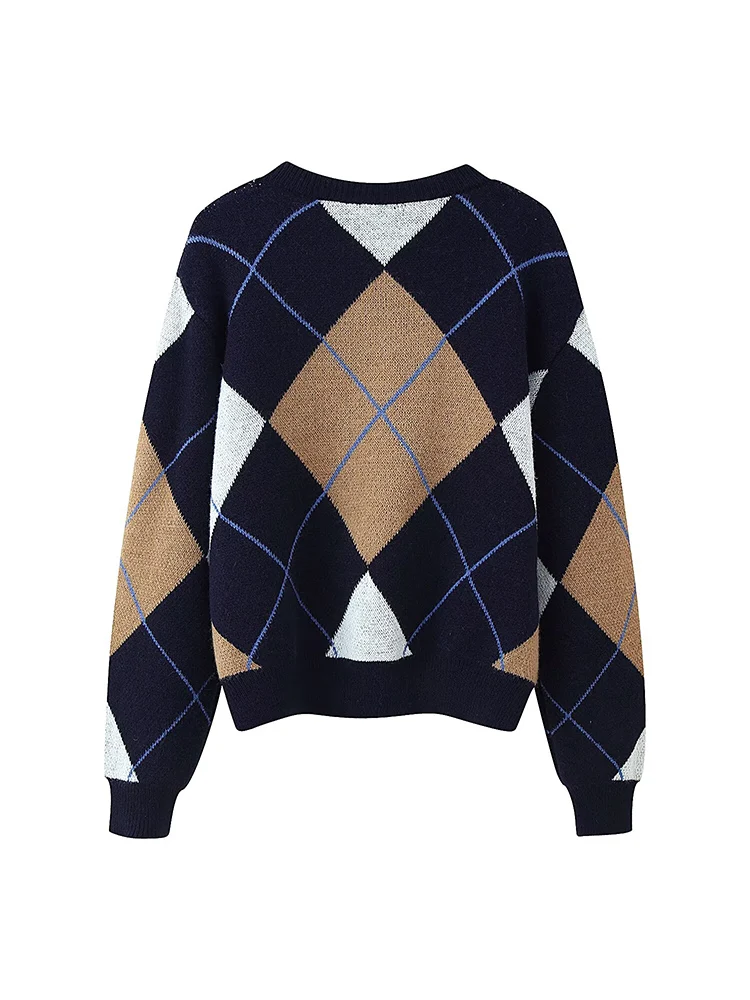 2025 New Women Vintage British Style Knitted Top Elegant Argyle Printed Fashion Pullover Sweater Casual Soft Ladies Knitwear