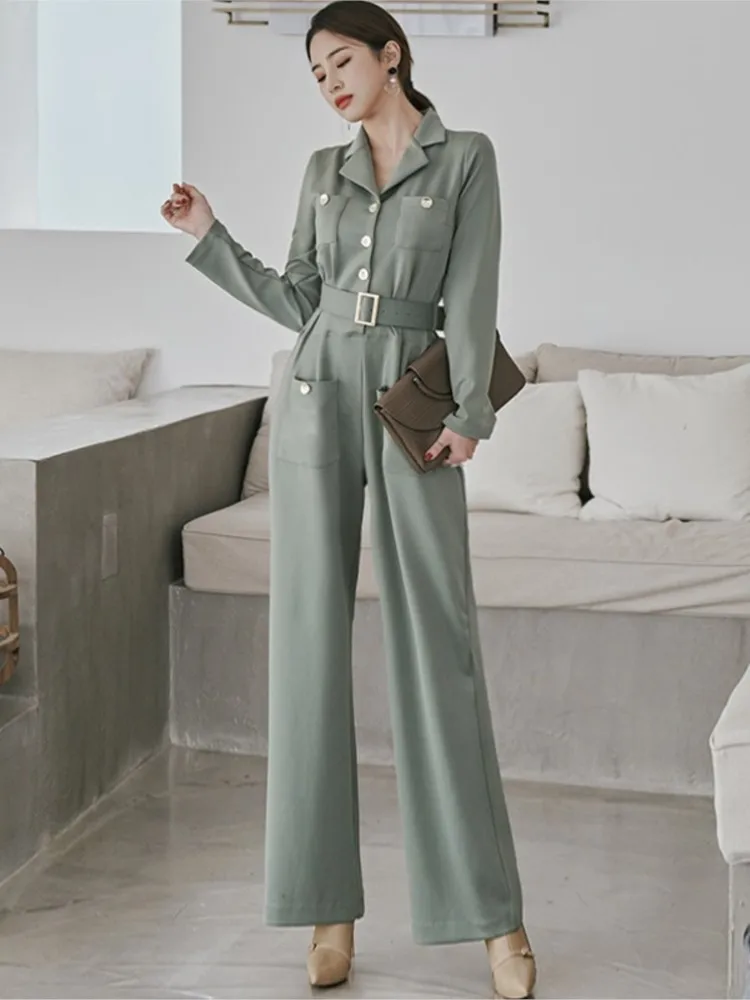 

2022 Women Fashion Elegant Long Sleeve Wide Leg Pants Jumpsuit With Belt Overalls Office Lady Chic Pocket Rompers Spring Autumn