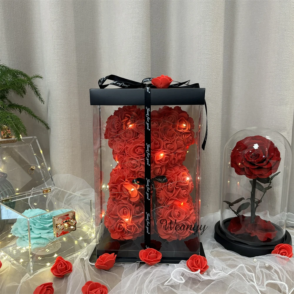 

Artificial Foam Flower Teddy Bear for Wedding Decoratin 25cm Rose Bear with Box Valentine's Day /Monther's Day/Proposal Ceremony