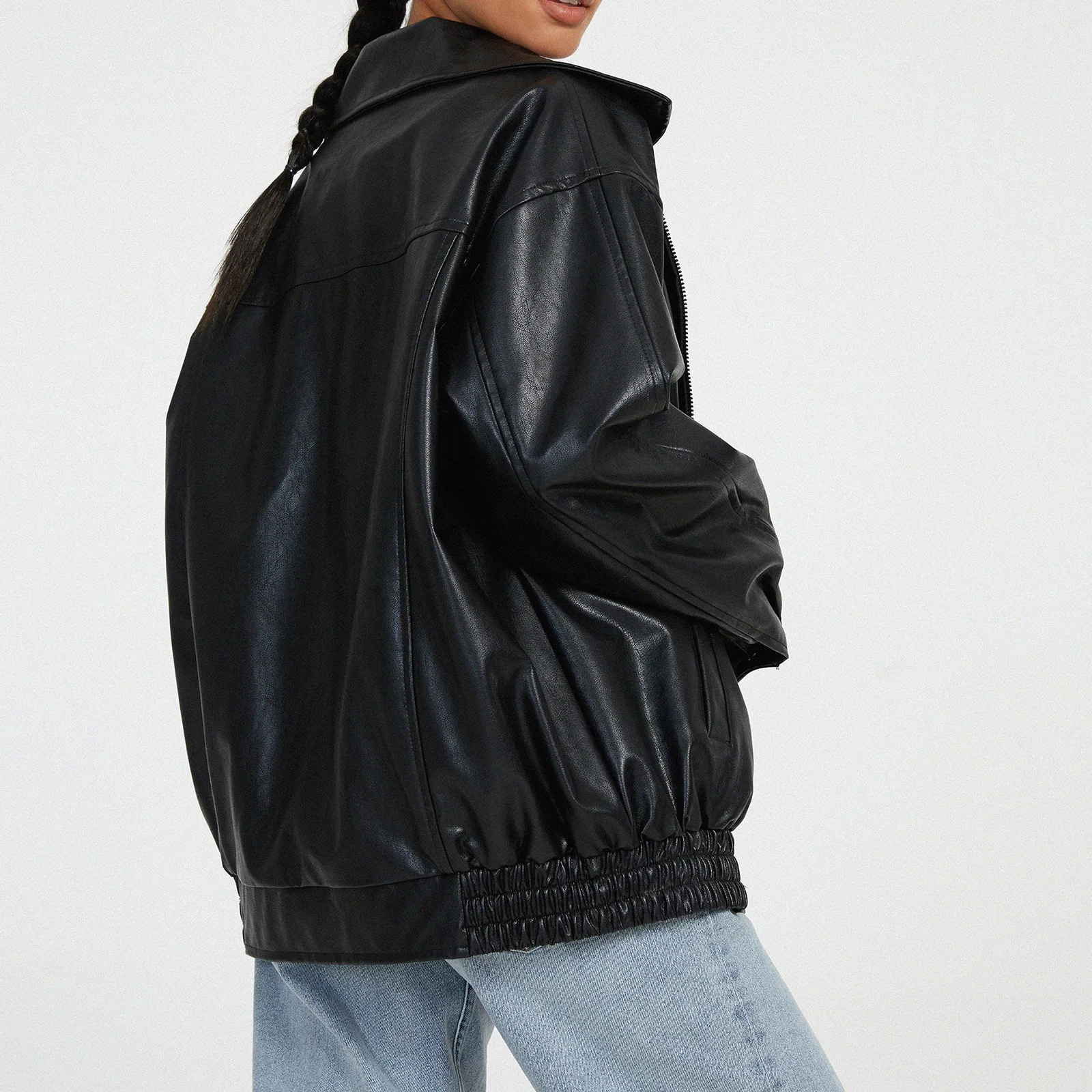 Women Leather Motorcycle Jacket Casual Solid Color Long Sleeve Zipper Cardigan Coat Fall Clothes Outwear Fashion Streetwear