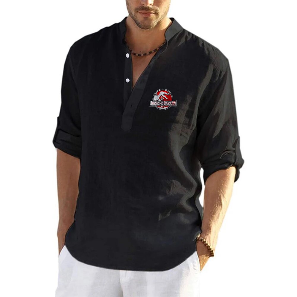 Jurassic Park 2023 New Hot Spring and Summer Men Fashion Linen Loose Sweatshirt Comfortable Solid Color Long Sleeve Cotton Shirt