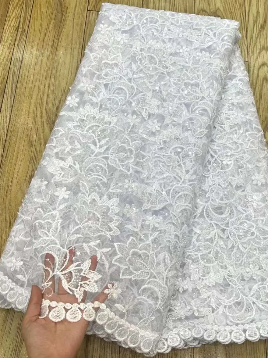 

Latest High Quality White African Embroidery Tulle Lace Fabric French Mesh Nigerian lace Fabric For Wedding Party Sewing 5 Yards