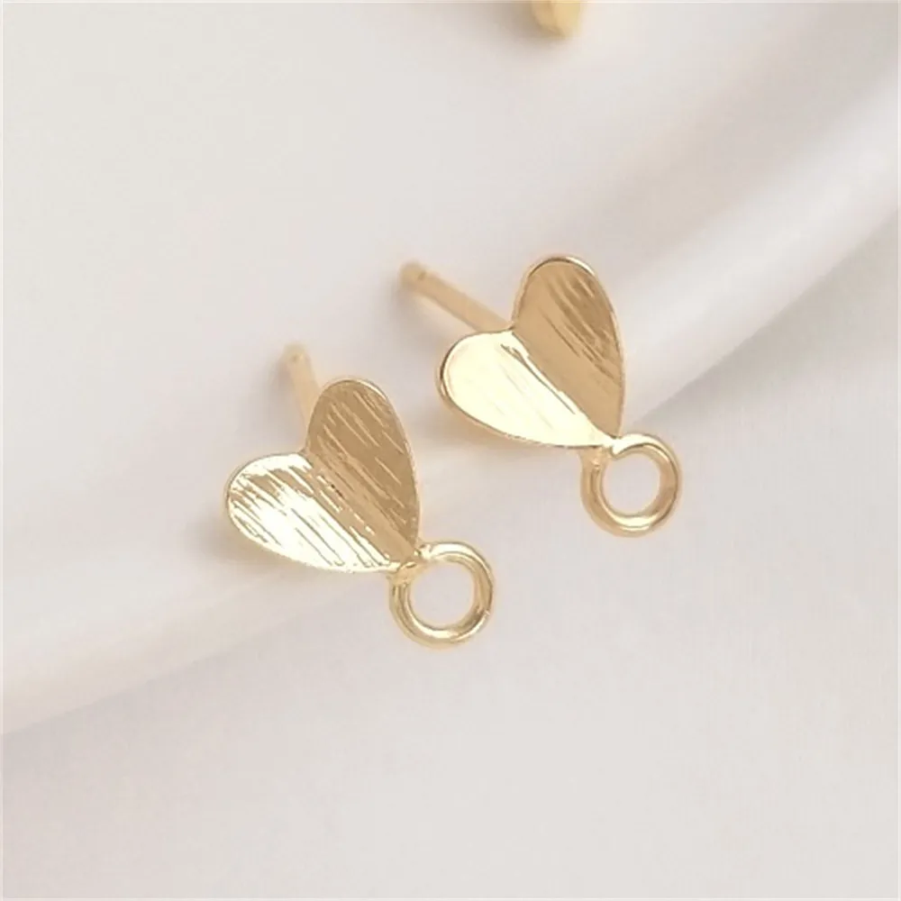 14K Gold-plated Brushed Small Hearts with Rings Love Earrings 925 Silver Needle Handmade Diy Ear Jewelry Materials E090