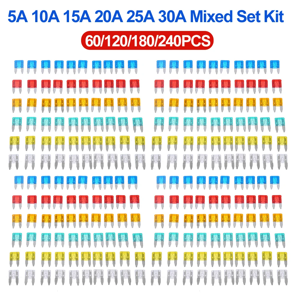 60/240pcs Auto Car Truck Mini Fuse Blade 5A 10A 15A 20A 25A 30A Mixed Kit Fuse Set Assortment Cars Safety Blade Fuses Accessorie