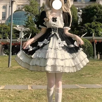 Black White Ruffled Lolita Dress Vintage Bowknot Puff Sleeve Princess Dress for Women Kawaii Tea Party Cosplay Costume Dress 1