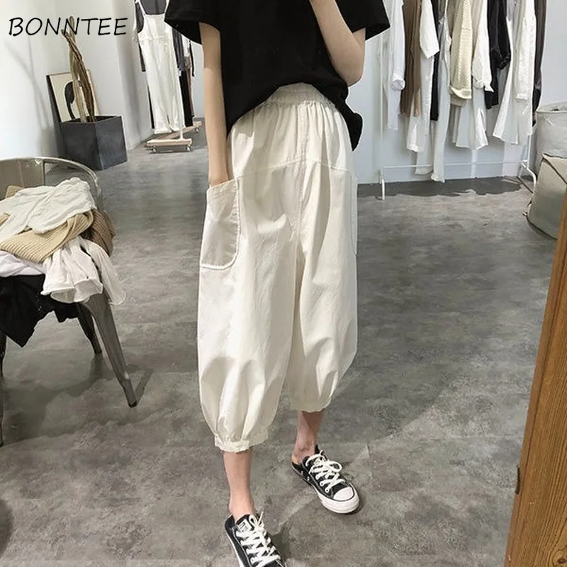 

Casual Pants Women Bloomers Loose Solid Штаны Elastic Waist Summer All-match Soft Simple Students Calf-length Female New Chic