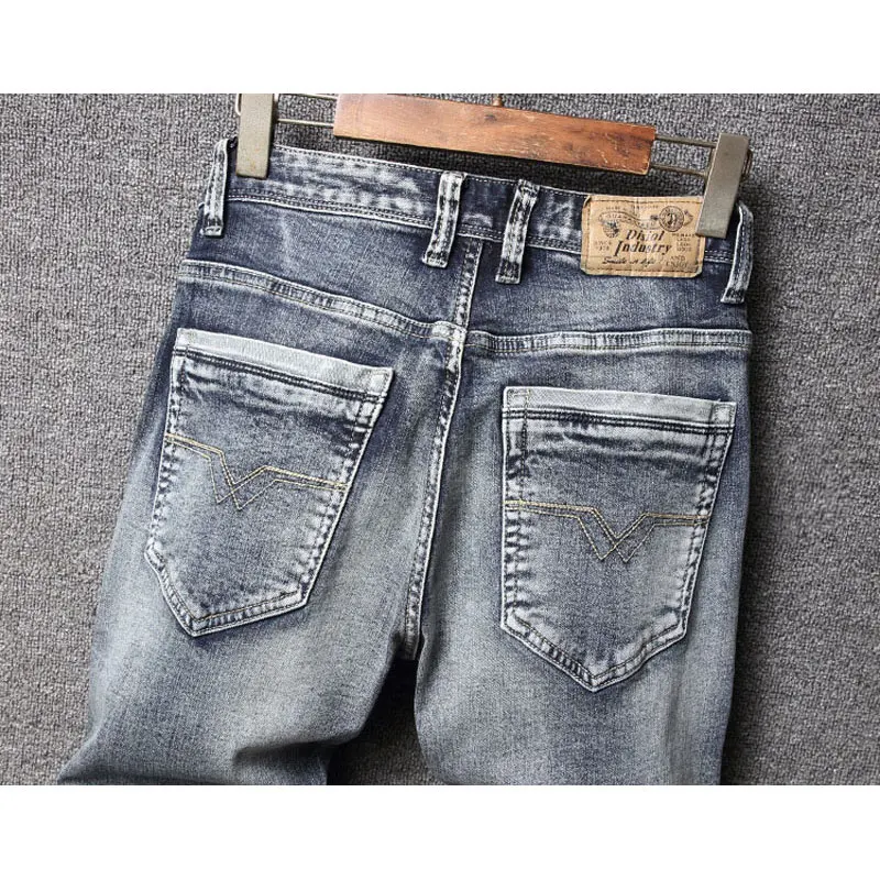 Street Fashion Men Jeans Retro Blue Gray Stretch Slim Fit Ripped Jeans Men Italian Style Vintage Designer Denim Pants Hombre