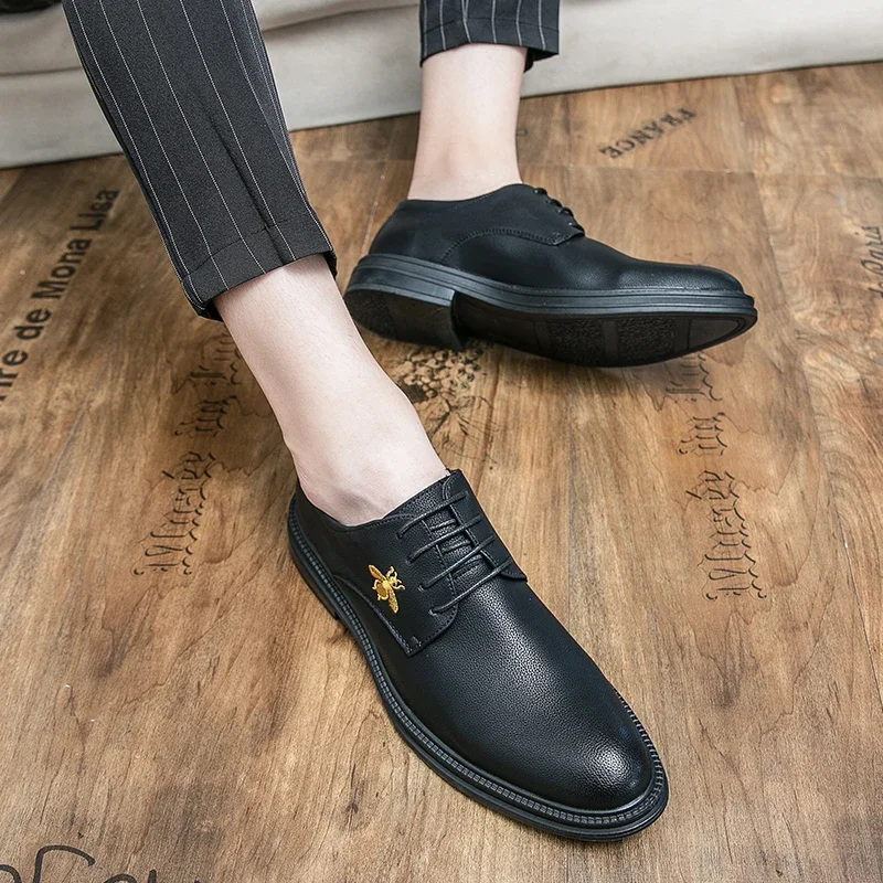 Men Shoes on Sale 2023 New Lace Up Leather Casual Shoes Spring and Autumn Pointed Toe Solid Chunky Heels Work Business Shoes