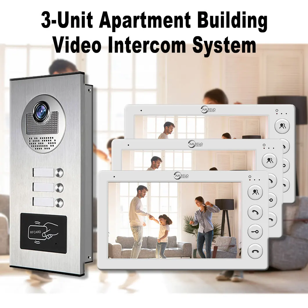 ANJIELO 3 Unit Home Video Intercom for Apartments Residential Intercom Doorbell Video Door Phone System with RFID Card Unlock