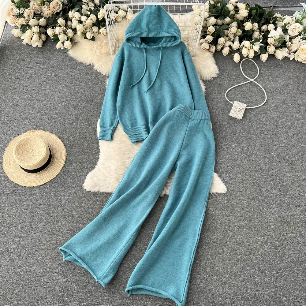 

Winter New Netflix with the Same Paragraph Knitted Casual Hooded Sweater Lazy Wind Wide-legged Pants Fashion Two-piece Suit