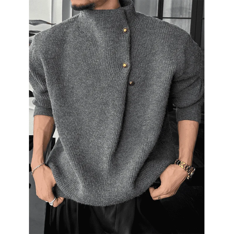 Vintage Trend Casual Autumn Winter New Men Turtleneck Solid Button Fashion Luxury Business Long Sleeve Pullovers Knitted Tops 1