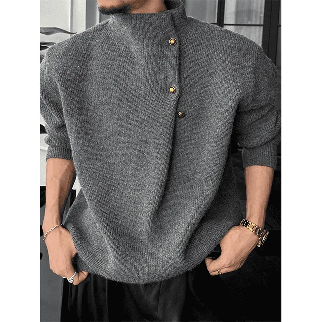 Vintage Trend Casual Autumn Winter New Men Turtleneck Solid Button Fashion Luxury Business Long Sleeve Pullovers Knitted Tops 1