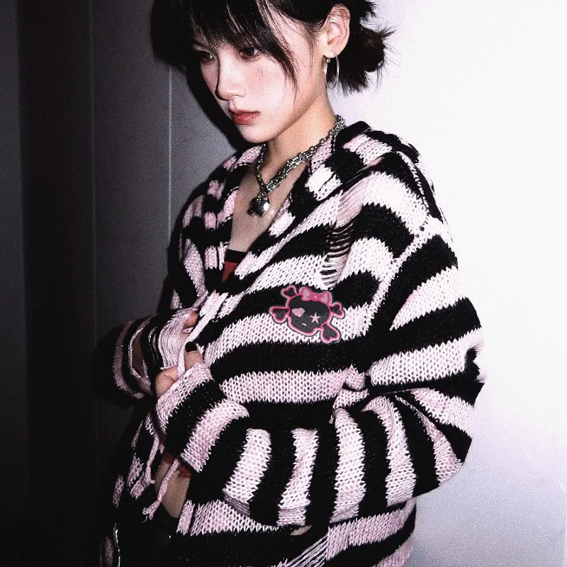 Women Sweater Harajuku Gothic Girl Skull Striped Knitted