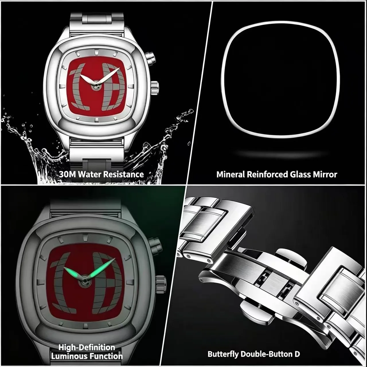 Enhanced Product Title:  
Men's Dynamic Design Red Quartz Watch with Dual Display and Steel Band