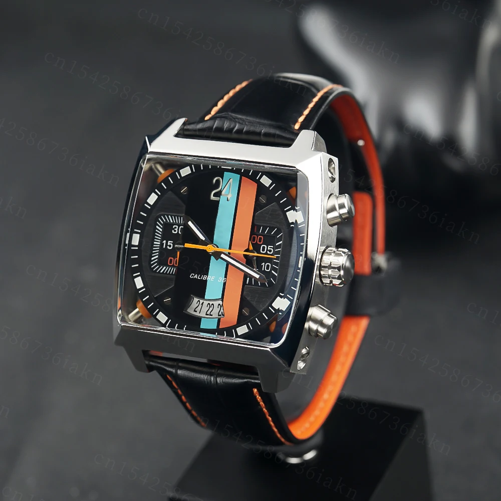 2022Fashion New Men's Color Bar Square Dial Sapphire Mirror Stainless Steel Leather Strap Sports Leisure Waterproof Quartz Watch