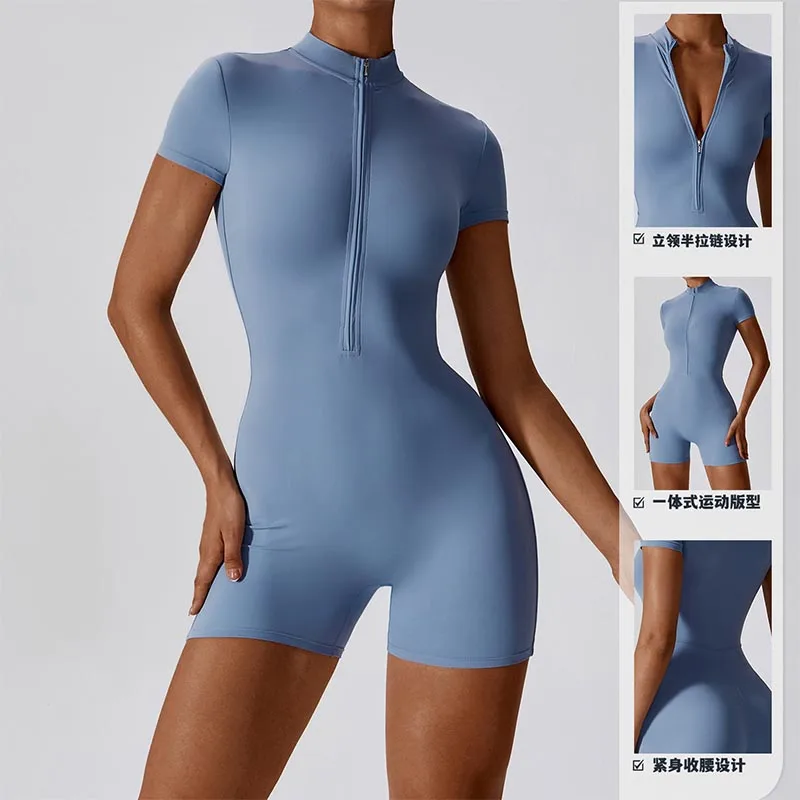 

Summer Women's Zipper Short Sleeve Yoga Bodysuit Jumpsuits Yoga Set Gym Clothes Push-up Workout Tracksuit Dance Fitness Bodysuit