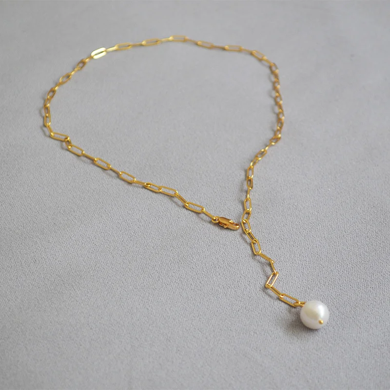 

Slender buckle chain, freshwater Baroque small pearl, simple and cold temperament, versatile necklace, Y-shaped chain