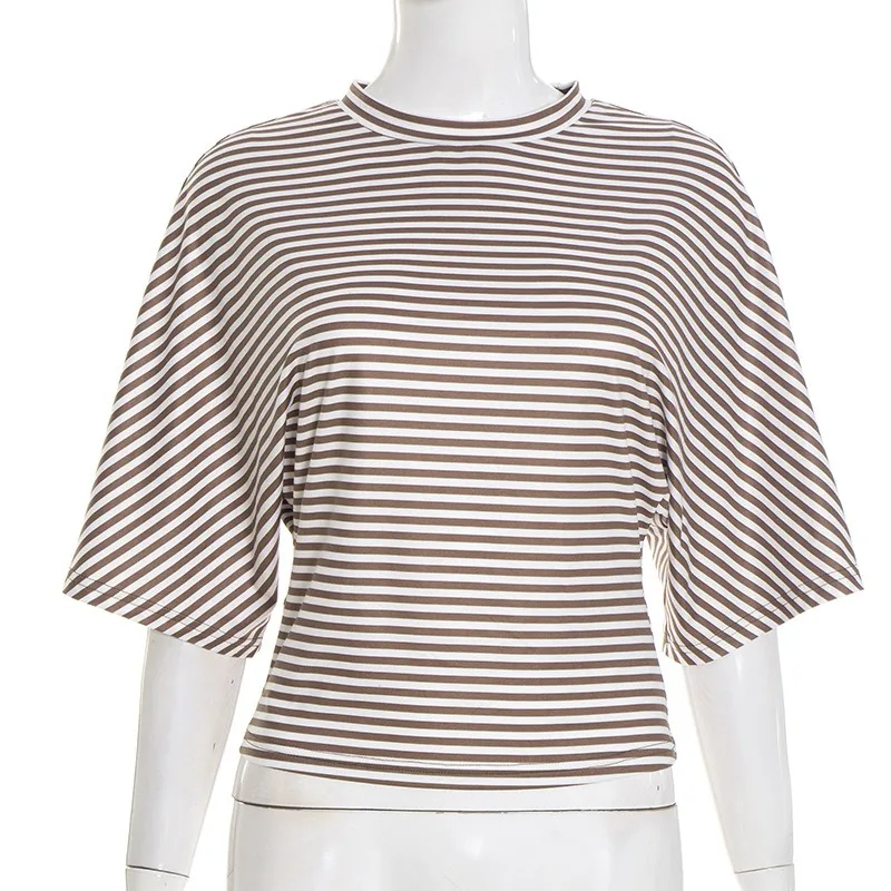 Fashion New Summer Women's Short Sleeve Striped T-shirt Elegant Round Neck Slim-fitting Waist Pullover Casual Top Short Blouse
