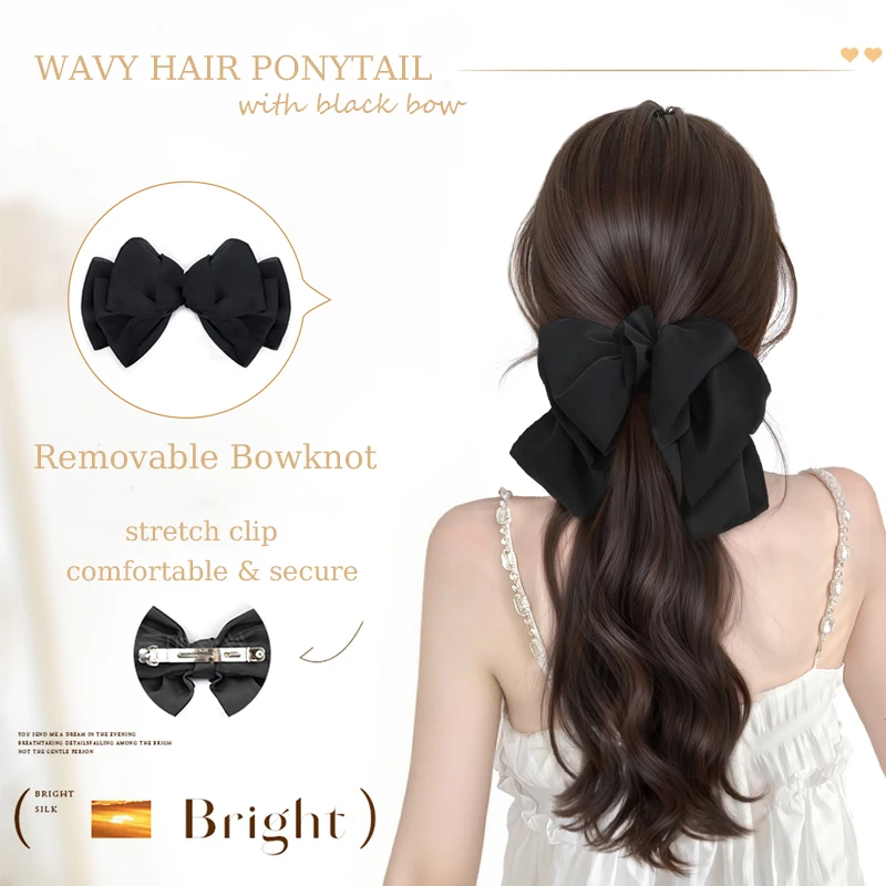 Wavy Hair Ponytail with Black Bow Wig Synthetic Claw Clip Wavy Ponytail Extensions Hairpiece with Removable Bow for Women Use