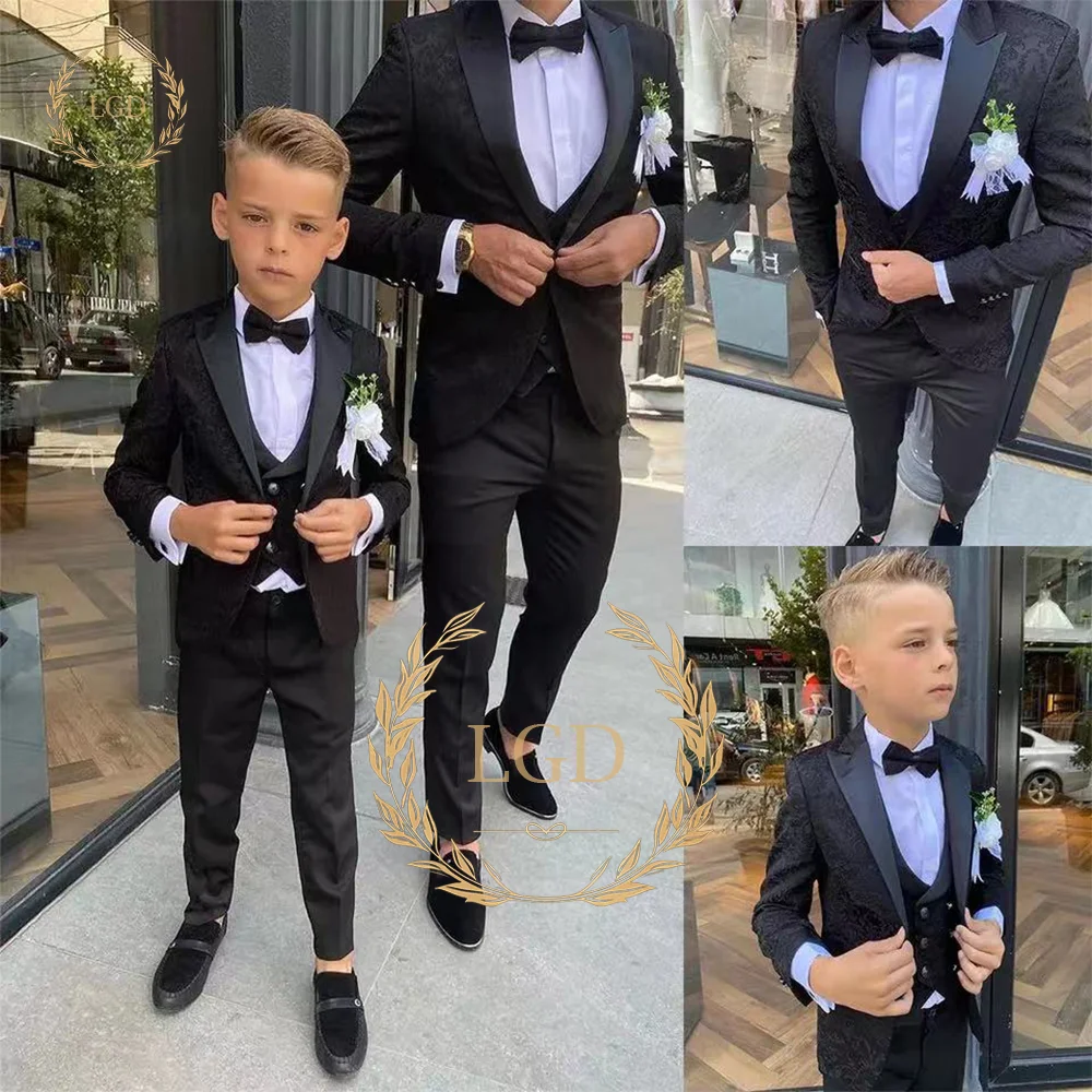 Navy pattern boy 3 piece formal suit dinner tuxedo little boy groomsmen wedding party prom jacket vest and black trousers boys formal suit set