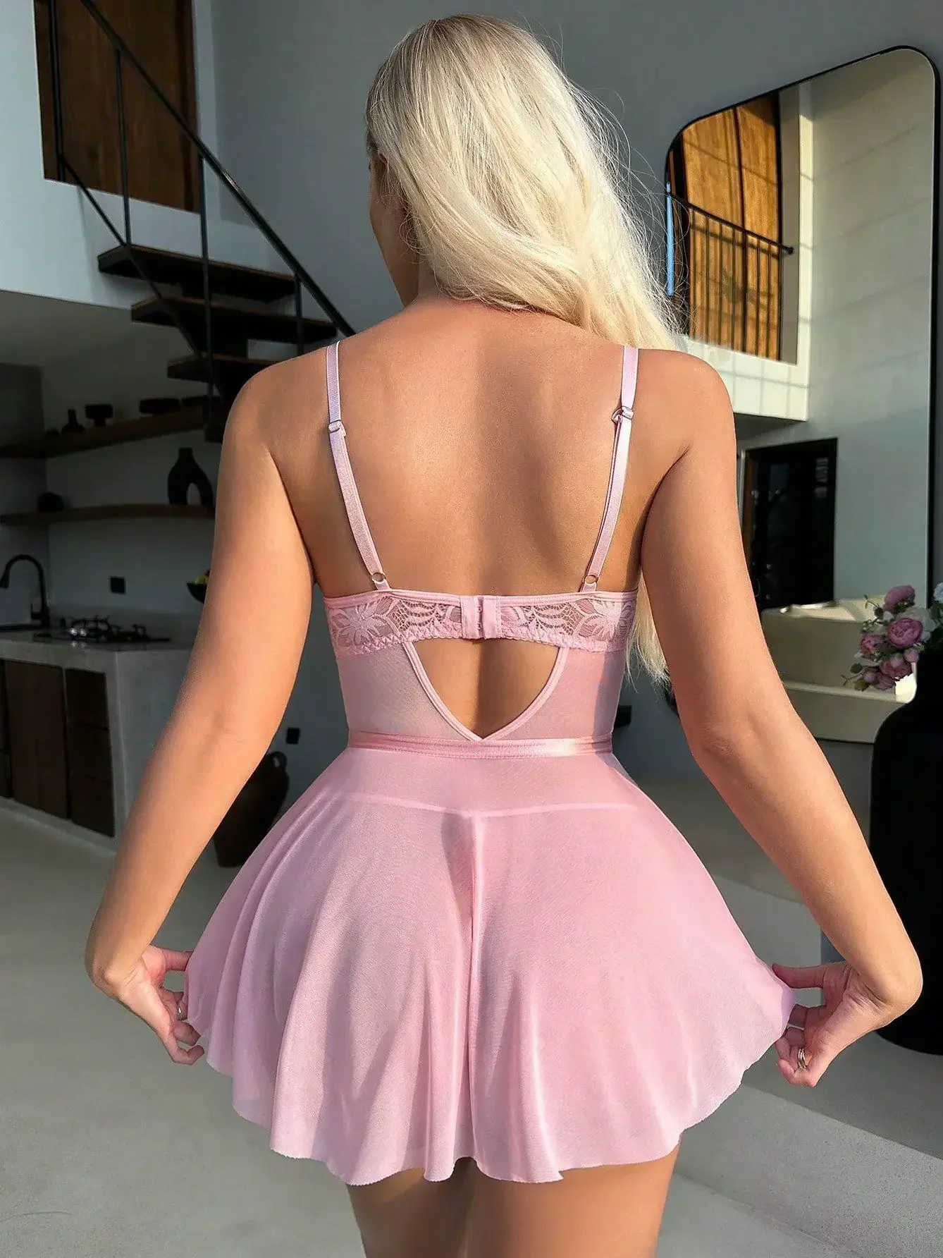 Pink Mesh Lace Perspective Sexy Lingerie Women Nightdress V-neck Embroidery Mini Dress Nightgown Sleepwear