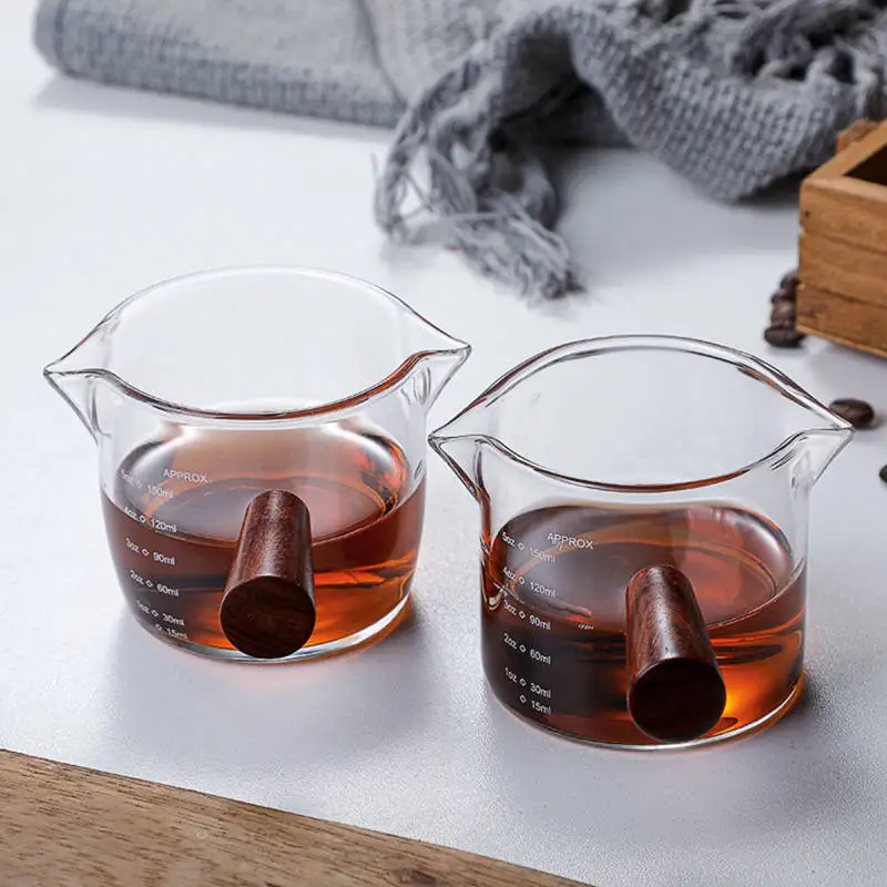 Description Picture 4 of itemWooden Handle Glass Espresso Measuring Cup Double/Single Mouth Milk Jug Coffee Supplies Heat-resisting Clear Kitchen Measure Mug