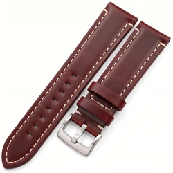 Vintage Dark Brown Leather Watch Band with White Stitching and Quick Release - 22mm (Dark Brown Silver)