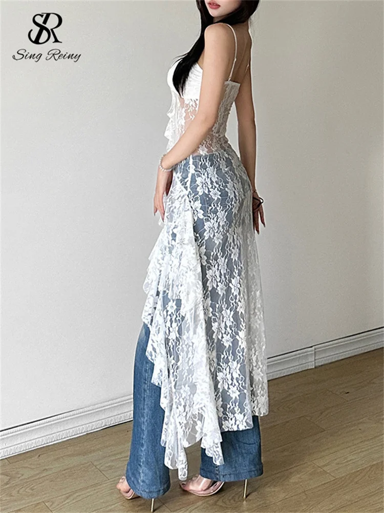 SINGREINY Women Lace Irregular Long Dress Camis Sheath Sensual Sheer Dress Fashion Streetwear Hollow Out Ruffles Sexy Dresses 5