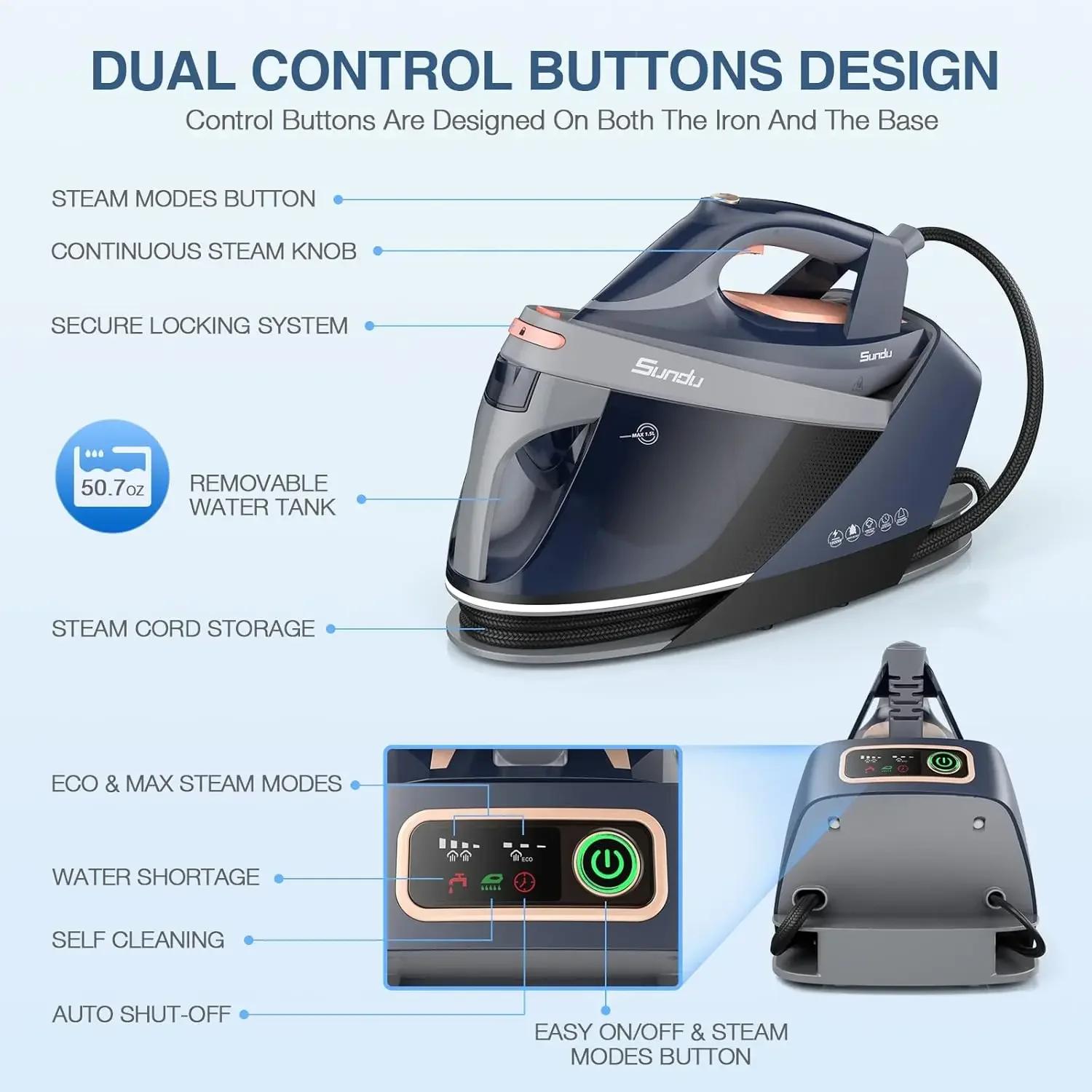 Station with Ceramic Soleplate, 1800W Steam Station Iron for Clothes with 1.5L Removable Water Tank, Iron Lock for Easy Carry, A 2