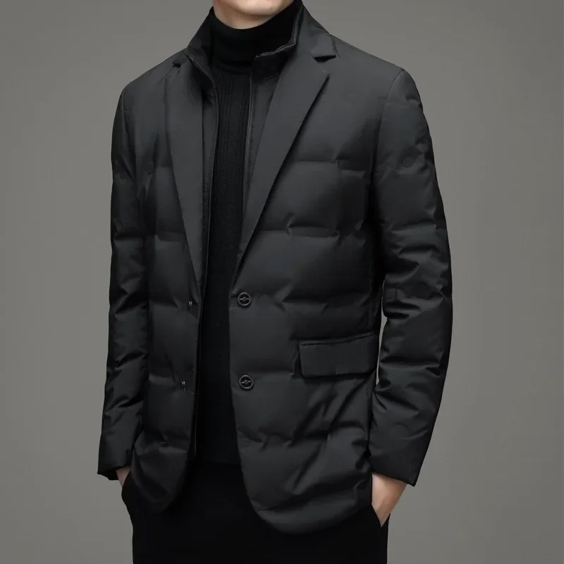 Down Jacket Mens Jacket Men's Winter Fake Two-Piece Warm Blazer Business Leisure Warm Stand-up Collar Jacket