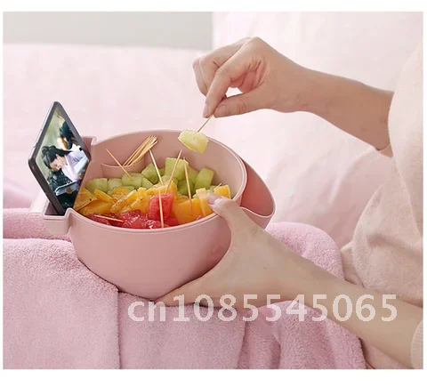 

Innovative Double-Layer Snack Bowl Lazy Snack Kitchen Storage Box Fruit Filter Bowl Drain Plate with Mobile Phone Holder